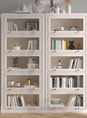 2I简约书柜白色玻璃门组合现代书架落地儿童储物柜实木轻奢防尘书