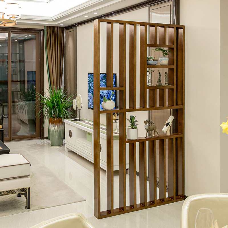 新中式入户隔断屏风镂空栅栏客厅竖条木质实木花格玄关墙装饰座屏