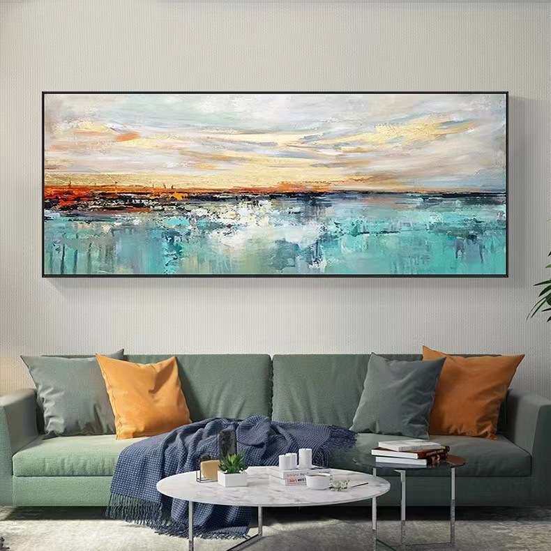 纯手绘海景装饰画横幅大尺寸客厅沙发背景挂画抽象轻奢风海浪油画