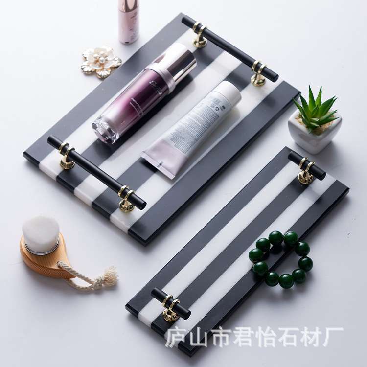大理石托盘黑白条纹拼接酒店酒吧厨房酒柜吧台摆盘珠宝装饰石托盘
