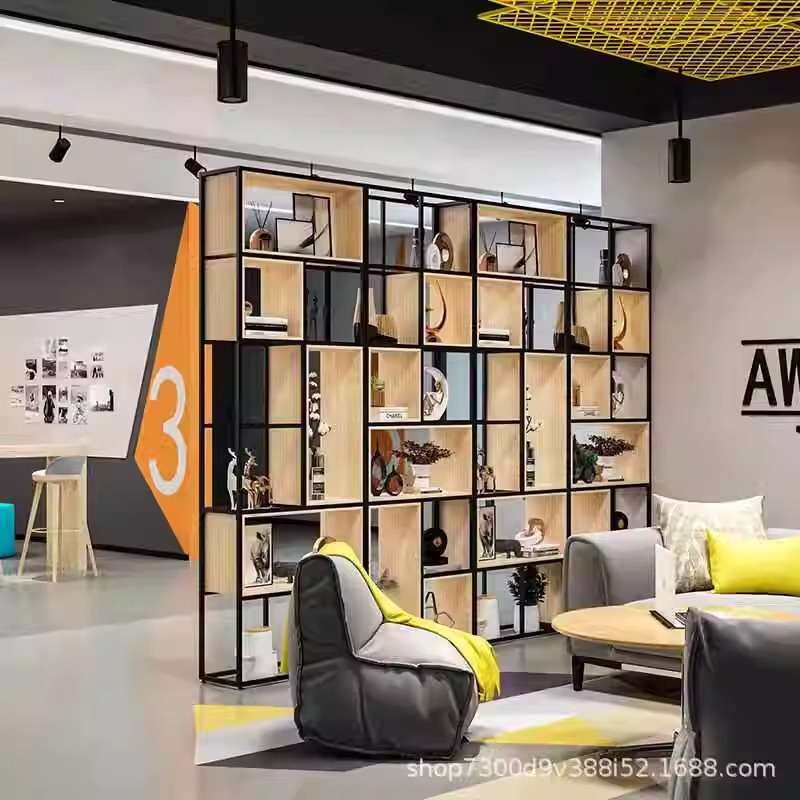 铁艺实木简约书架落地隔断办公室屏风书柜展示架餐客厅收纳置物架