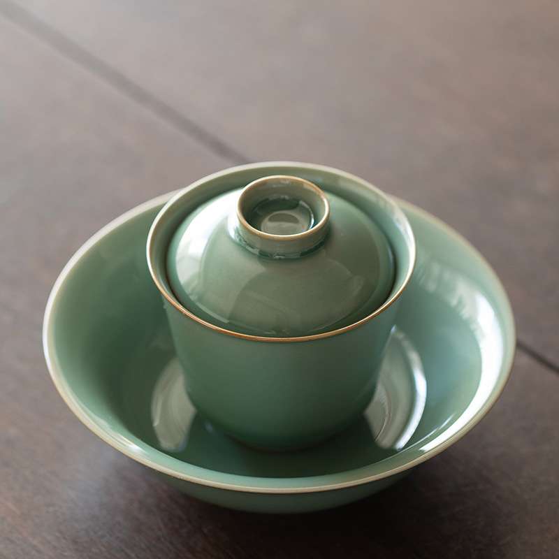 越窑青瓷三才盖碗茶杯单个泡茶碗带盖家用小号梅子青手抓泡茶盖碗