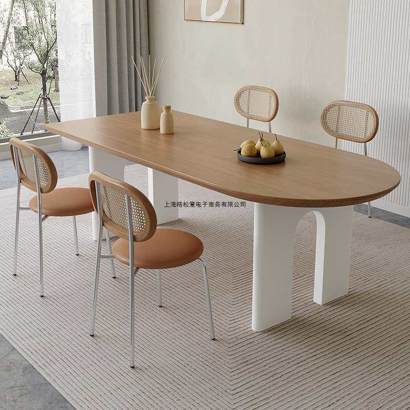 奶油风实木原木岛台餐桌异形长方形靠墙半圆弧椭圆书桌餐桌椅组合