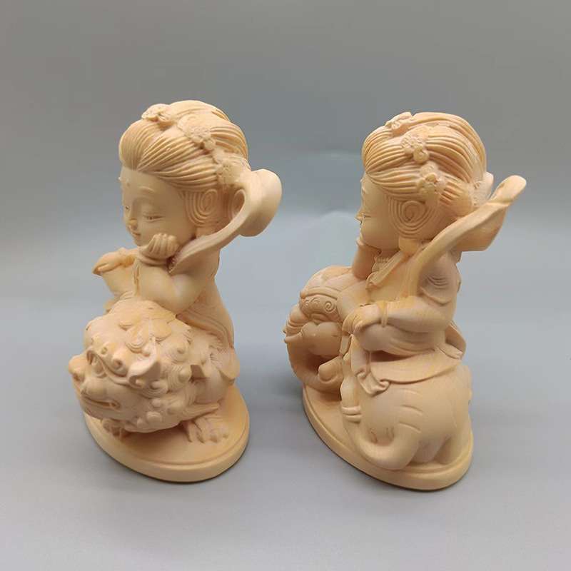 大叶黄杨雕刻文殊普贤款摆件一对规格80×62×40摆饰工艺厂家