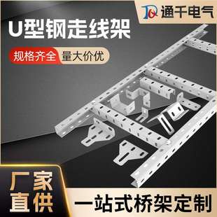 供应多孔U型钢走线架通信机房钢制喷塑开放式梯级布线爬架桥架