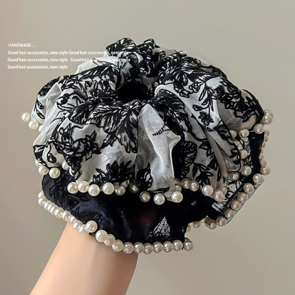 大号刺绣珍珠网纱大肠发圈马尾发z绳扎发复古简约法式高端2023新