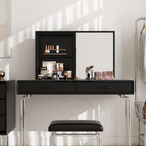 伸缩风中简约轻奢梳妆台斗柜意黑色豪斯包妆烤漆古一体化式桌奶油