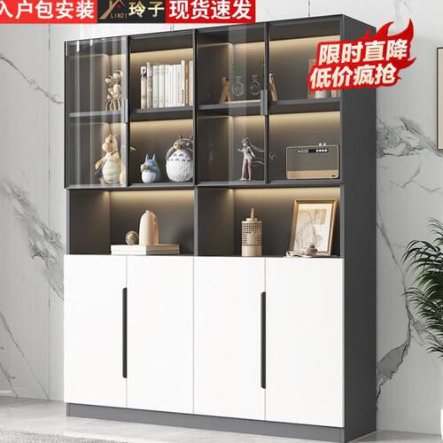 书柜实木客厅一体整墙带玻璃门轻奢现代定制酒柜落地储物柜展示柜