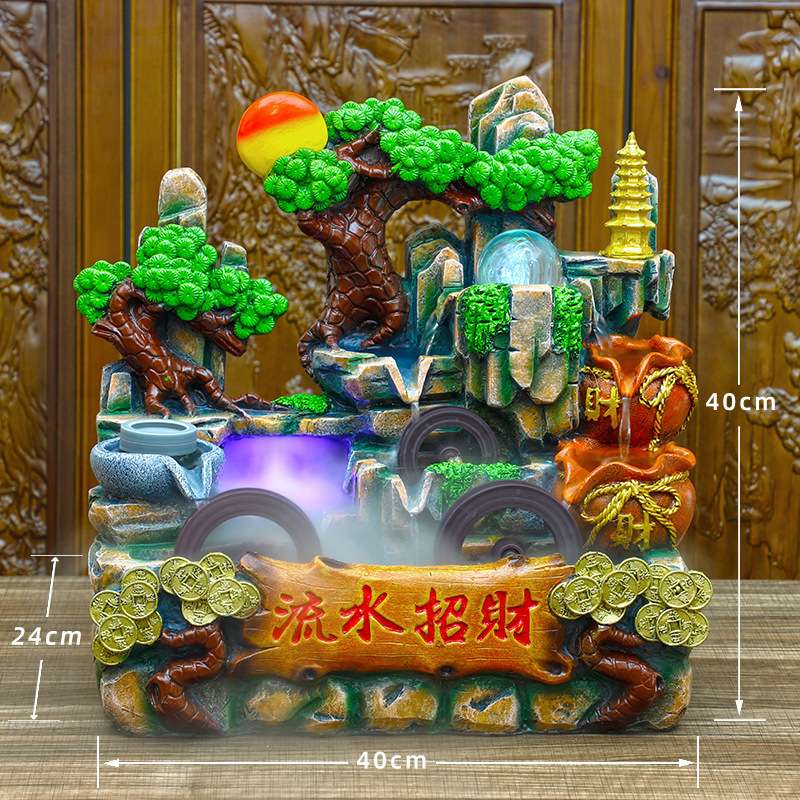 新奇特中式创意 风水轮高山流水三个水车桌面加湿器摆件桌面假山