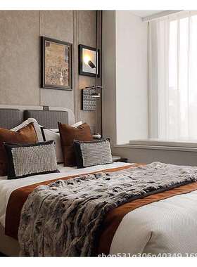 样板房软装床品橙色抱枕灰色毛毯轻奢简现代展厅床上用品10件套