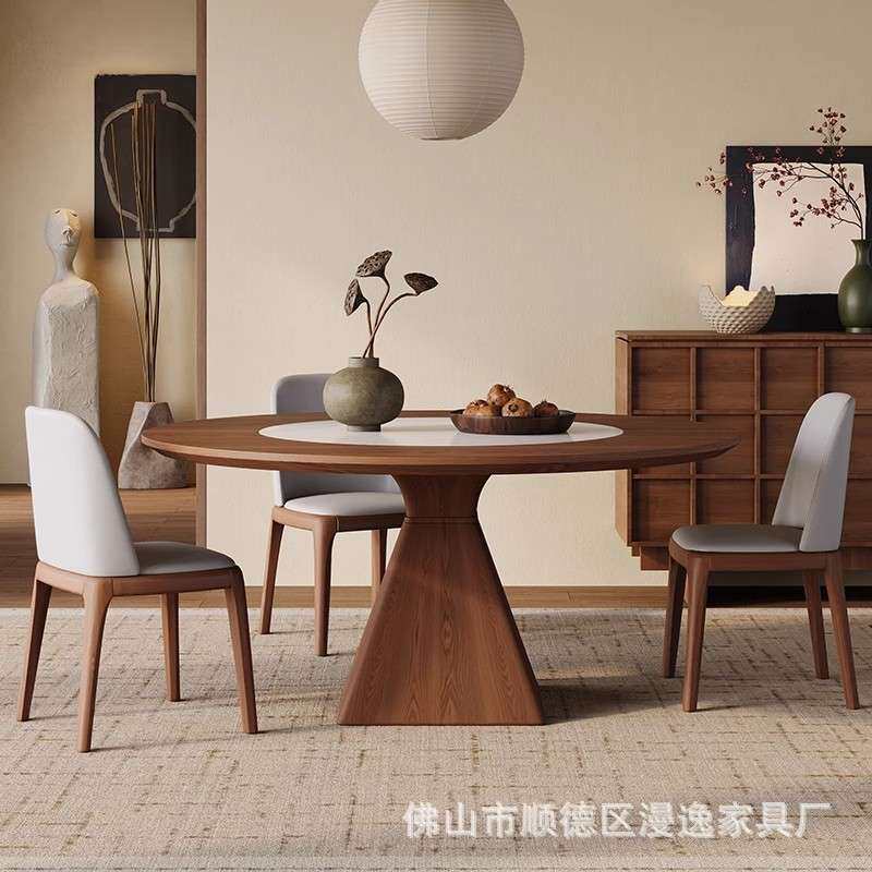 内嵌岩板转盘实木餐桌椅组合北欧大小户型饭桌家用白蜡木旋转圆桌