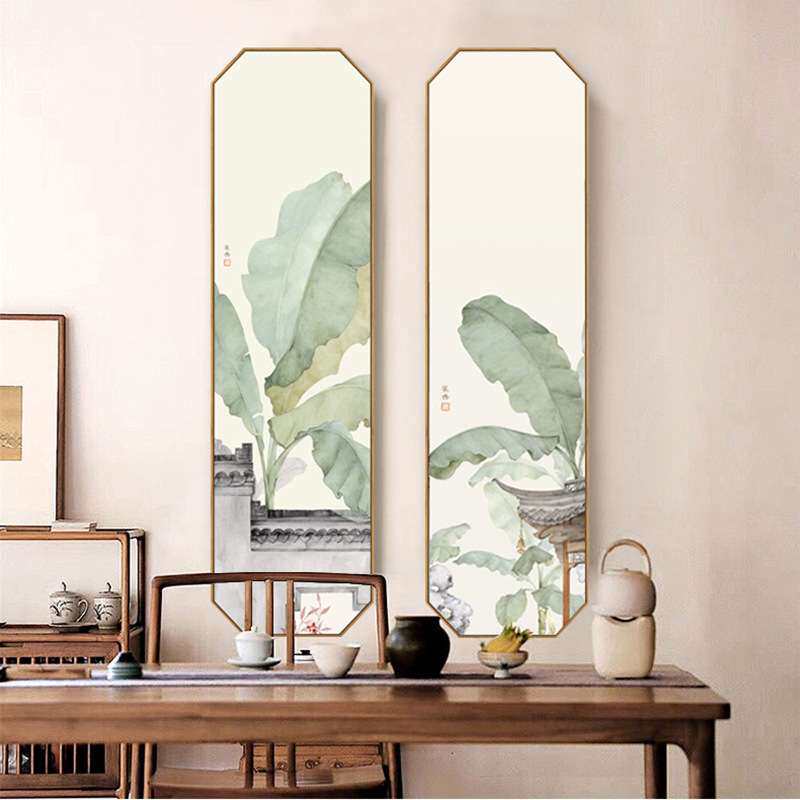 绰约多姿新中式禅意八边型装饰画玄关芭蕉叶挂画竖版古风茶室壁画