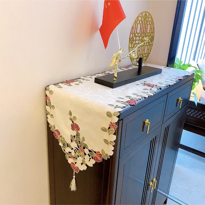 百搭款提花贡缎面料田园s绣花桌旗桌布五斗橱茶几电视柜白色防尘