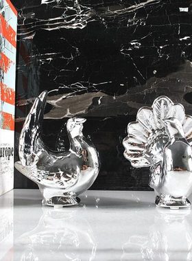 新中式电镀银陶瓷小孔雀开屏创意饰品家居软装样板房装饰动物摆件