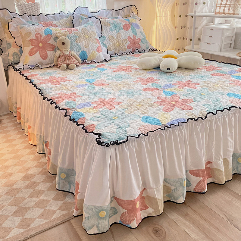 加厚磨毛夹棉f缝纫床裙床罩单件防滑垫子四季花边床单三件套四件