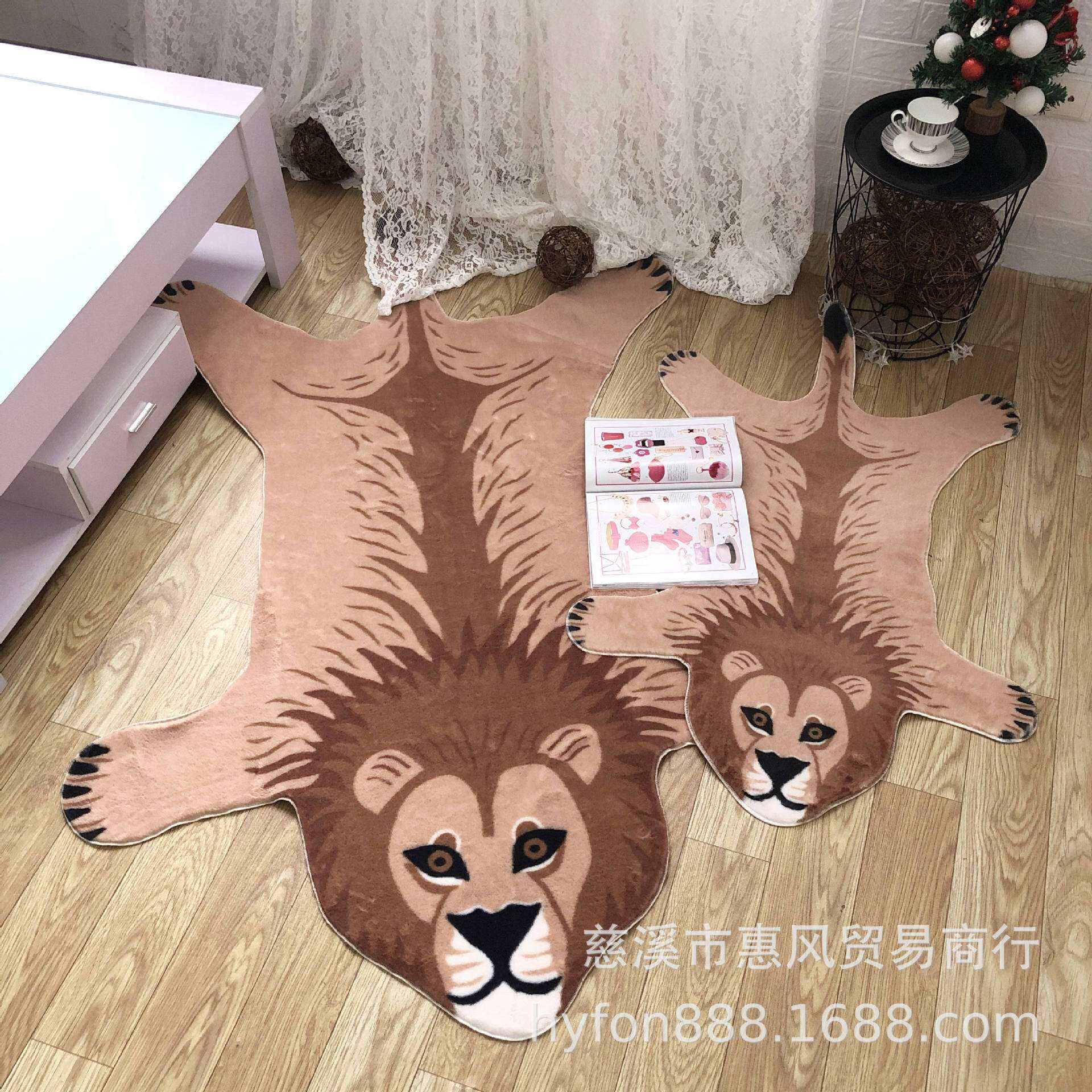 跨境新品棕色小兔毛印花狮子纹地毯客厅卧室儿童房装饰保暖地垫