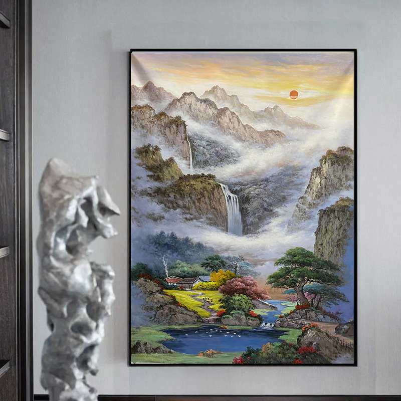 纯手绘油画风水山水画风景日出新中式聚宝盆别墅装饰壁画走廊挂画