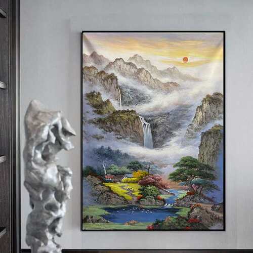 纯手绘油画风水山水画风景日出新中式聚宝盆别墅装饰壁画走廊挂画