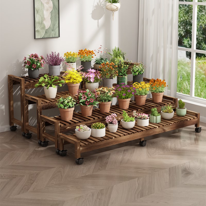 花架置物架实木带l轮阶梯多层阳台落地防腐木室内户外绿萝花盆架