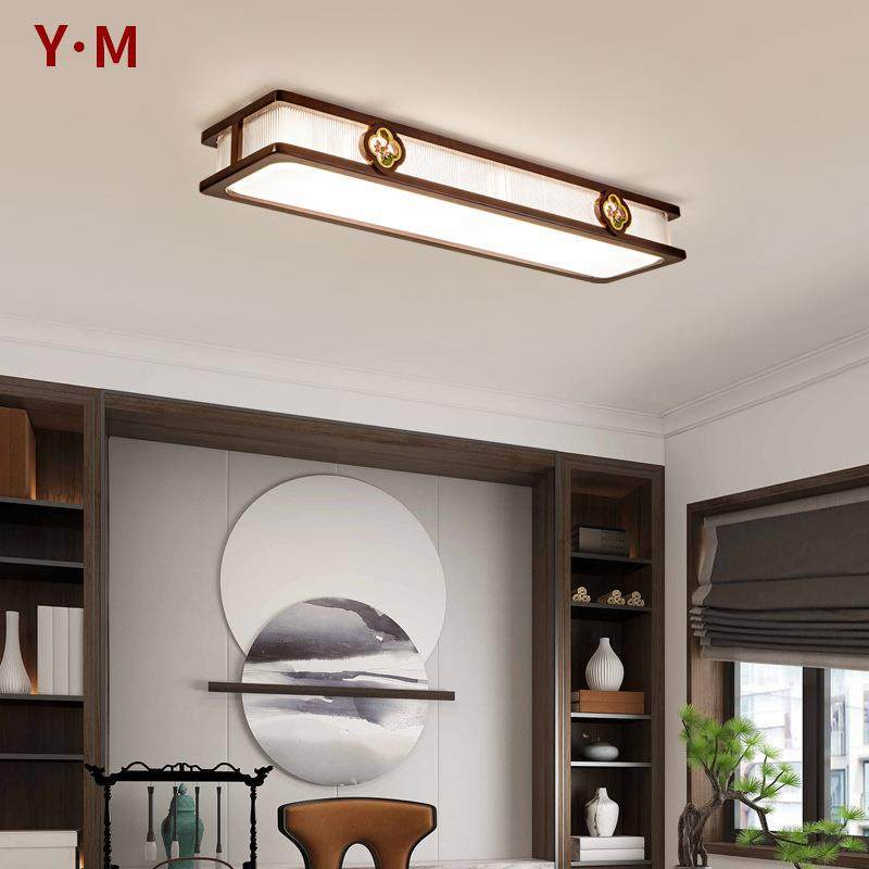 新中式餐厅长条吸顶灯过道实木金丝檀长方形led灯芯茶室书房9509