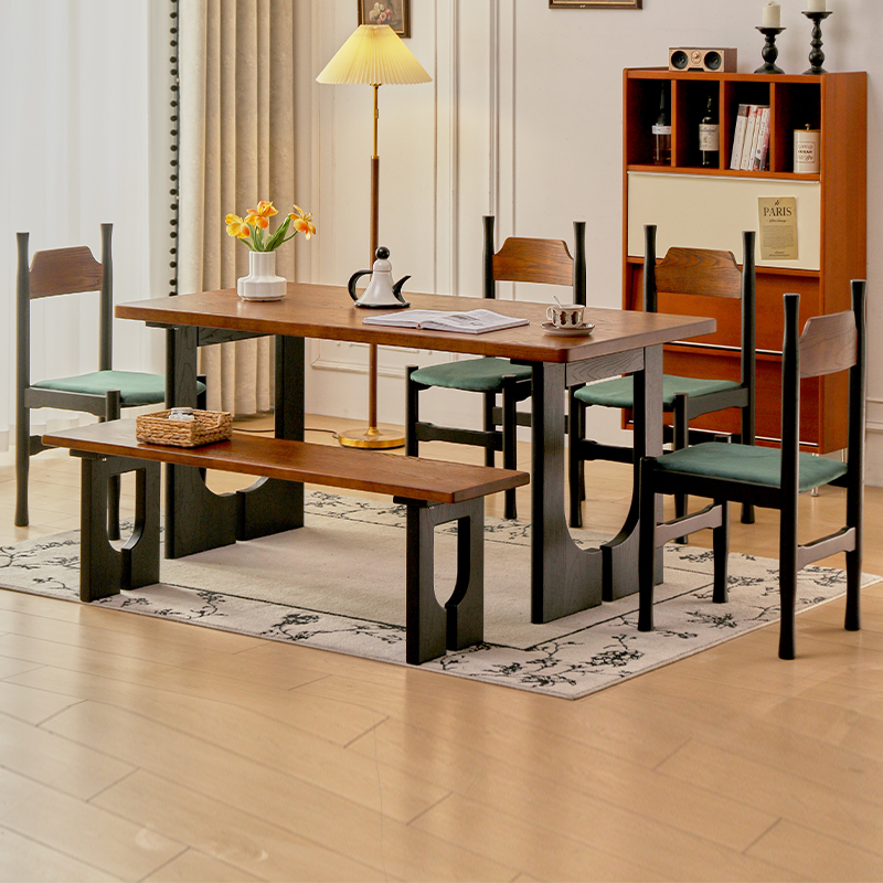 法式实木餐桌侘寂风美式乡村别墅长桌家用小户型中古风饭桌岛台桌