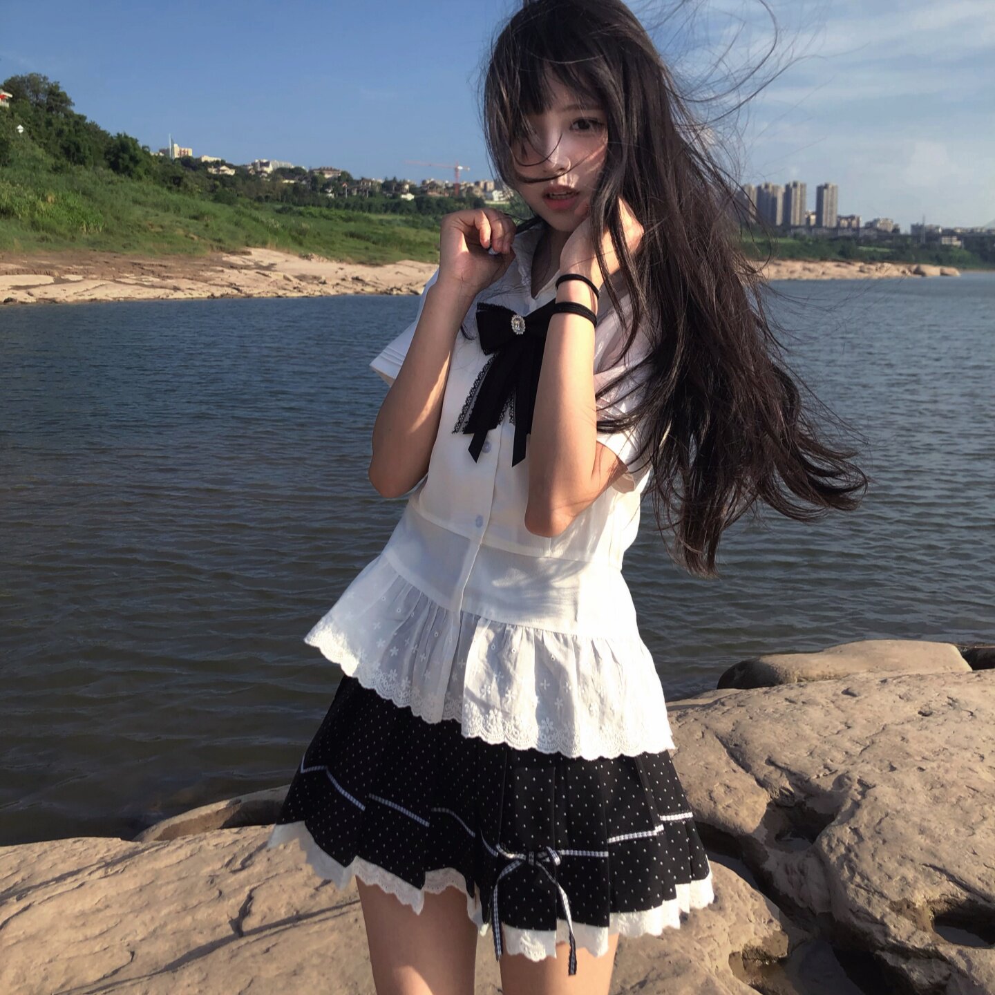 栖月日系JK衬衫波点花边甜美套装