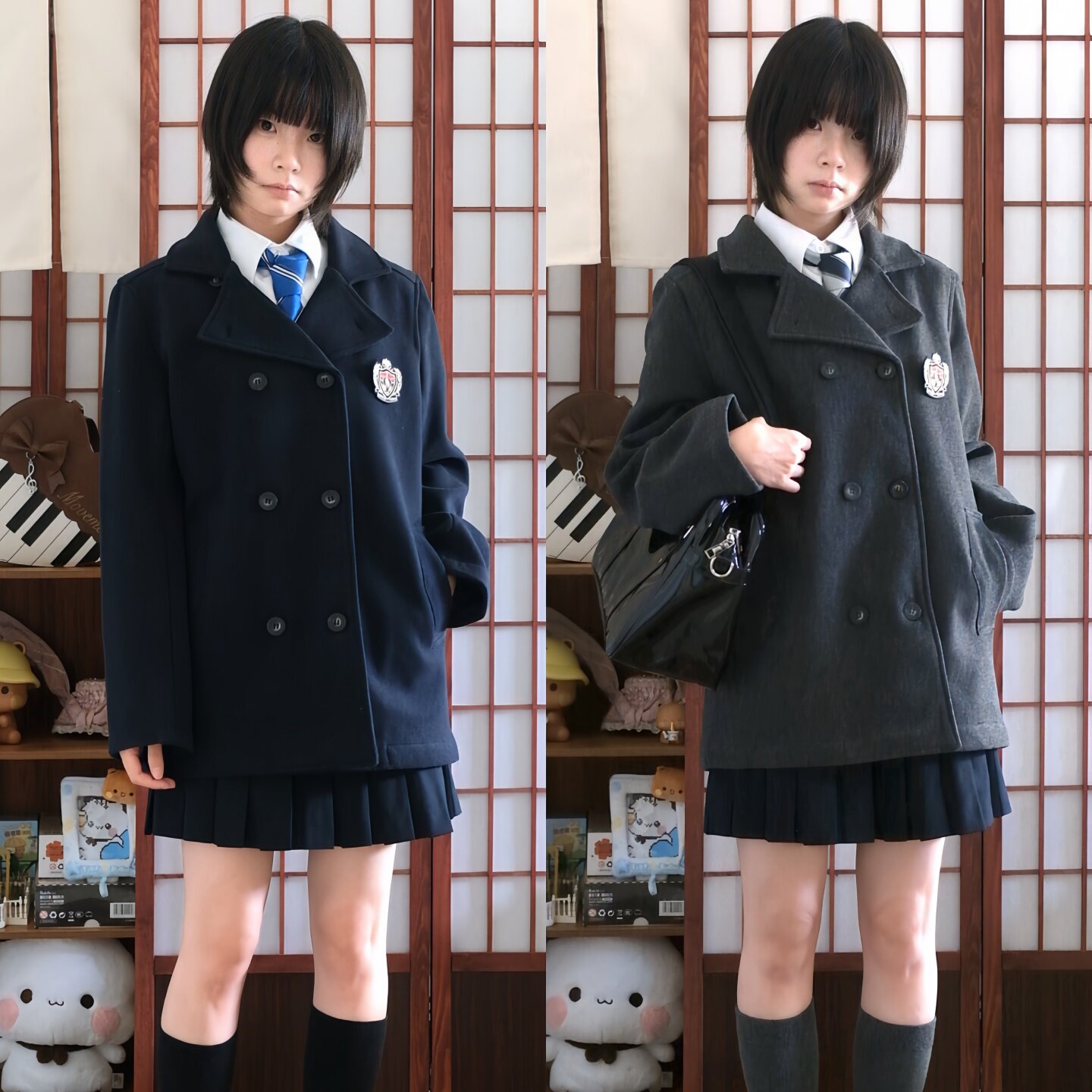 暖心熊日系双排扣jk制服呢子大衣女学院风冬季夹棉翻领毛呢外套