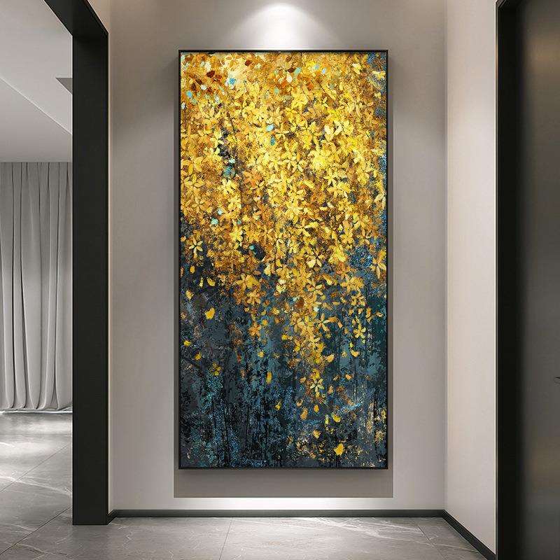 发财树手绘油画入户玄关装饰画大芬村油画迎春花客厅走廊过道挂画