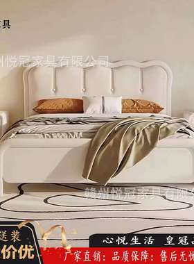 白色实木床奶油风现代简约单双人床1米8轻奢1.5m北欧主卧室高箱床