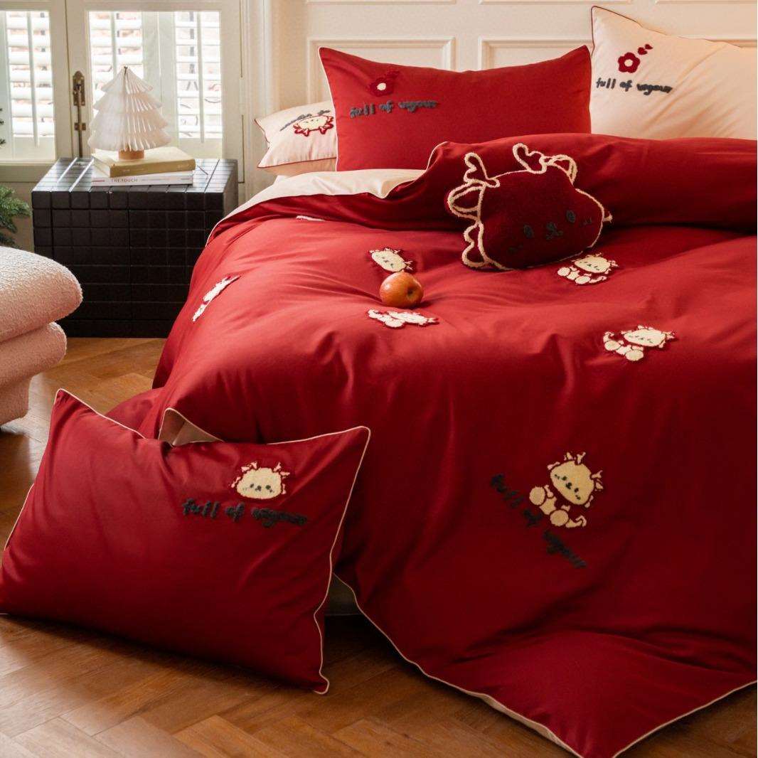 新年款100支长绒棉全棉四件套 大红喜庆春节绣花卧室床品被套