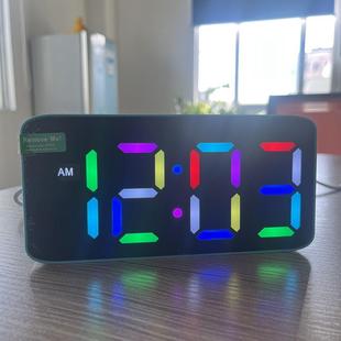 RGB多功能电子时钟七彩大数字闹钟学生LED镜面时间管理器现代简约