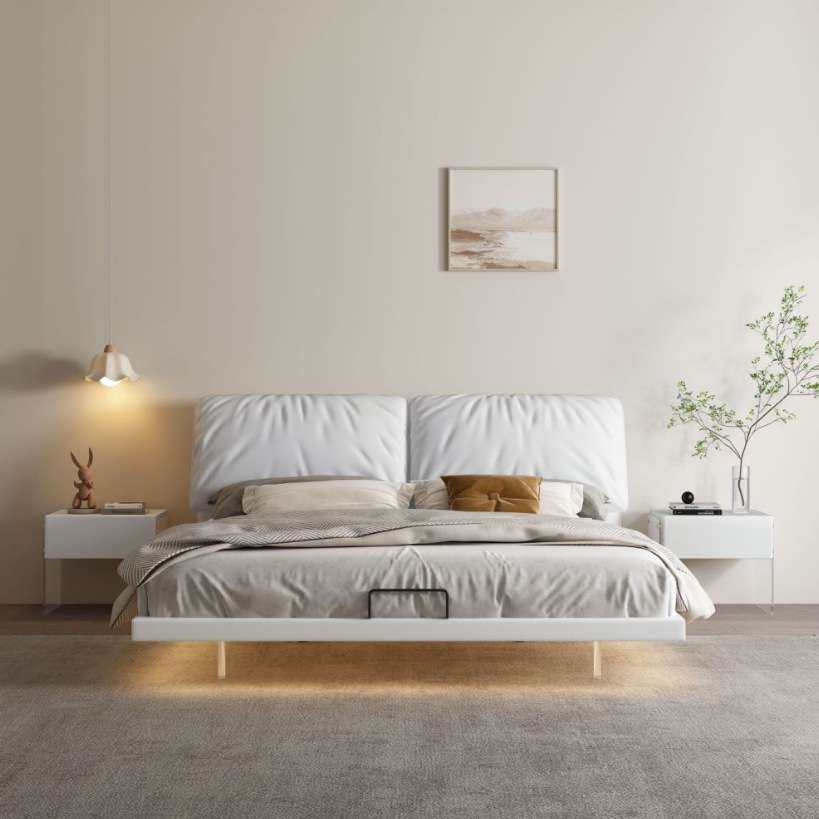 亚克力极简皮床暖白色小户型悬浮床主卧双人皮床现代轻奢带感应灯