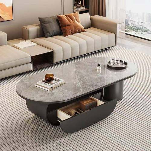 奶油风椭圆形岩板茶几简约客厅轻奢家用现代组合新款小户型电视柜