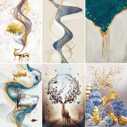 玄关壁纸北欧墙画走廊发财麋鹿客厅电视背景墙纸竖版墙布轻奢壁画