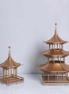 新中式仿古现代创意家居轻奢金色金属塔凉L亭摆件样板房玄关装饰