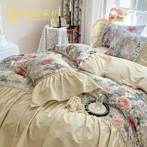 法式复古风超柔全棉四件套唯美花卉数码印花纯棉宽边被套床上用品