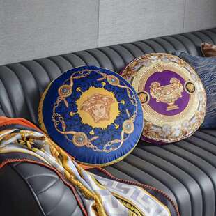 轻奢V美杜莎狮子金杯双面印花立体圆形抱枕 客厅沙发装饰蒲团垫