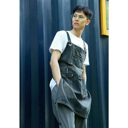 韩版牛仔围裙印字工作服女家用厨房餐饮火锅店冷饮店男士工装围裙