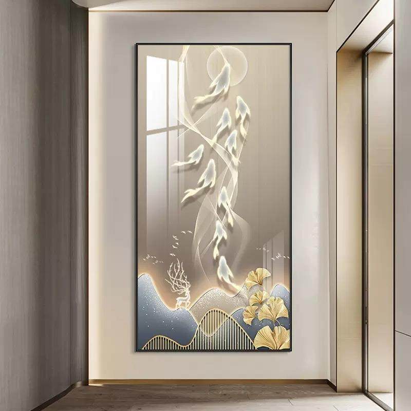 九鱼聚财 玄关装饰画现代轻奢挂画入户客厅走廊过道壁画竖版墙画