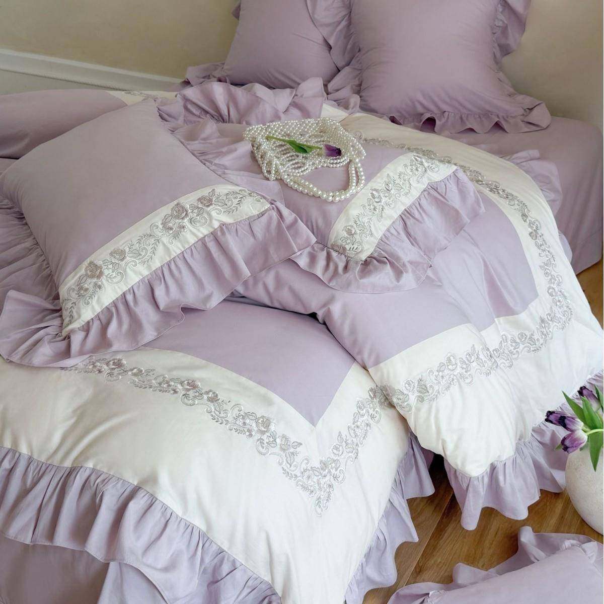 法式复古荷叶花边全棉长绒棉四件套浪漫花卉刺绣被套1.8m床上用品