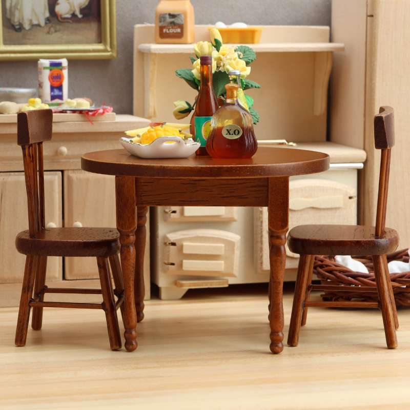 1:12娃娃屋dollhouse迷你小家居微缩场景摆件木质工艺品栗色桌椅