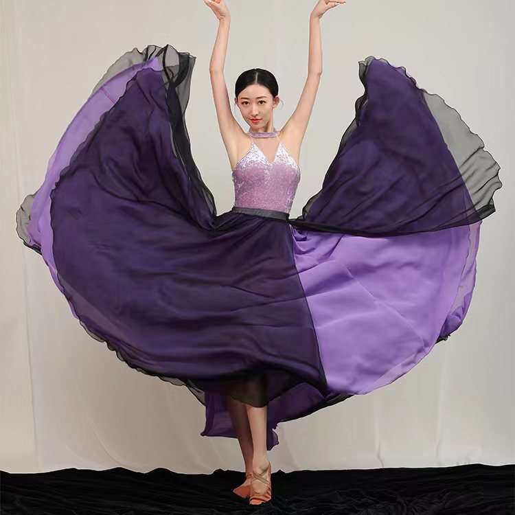 筑梦伊人古典舞双层撞色大摆裙舞蹈服女新款中国舞飘逸纱裙练功服
