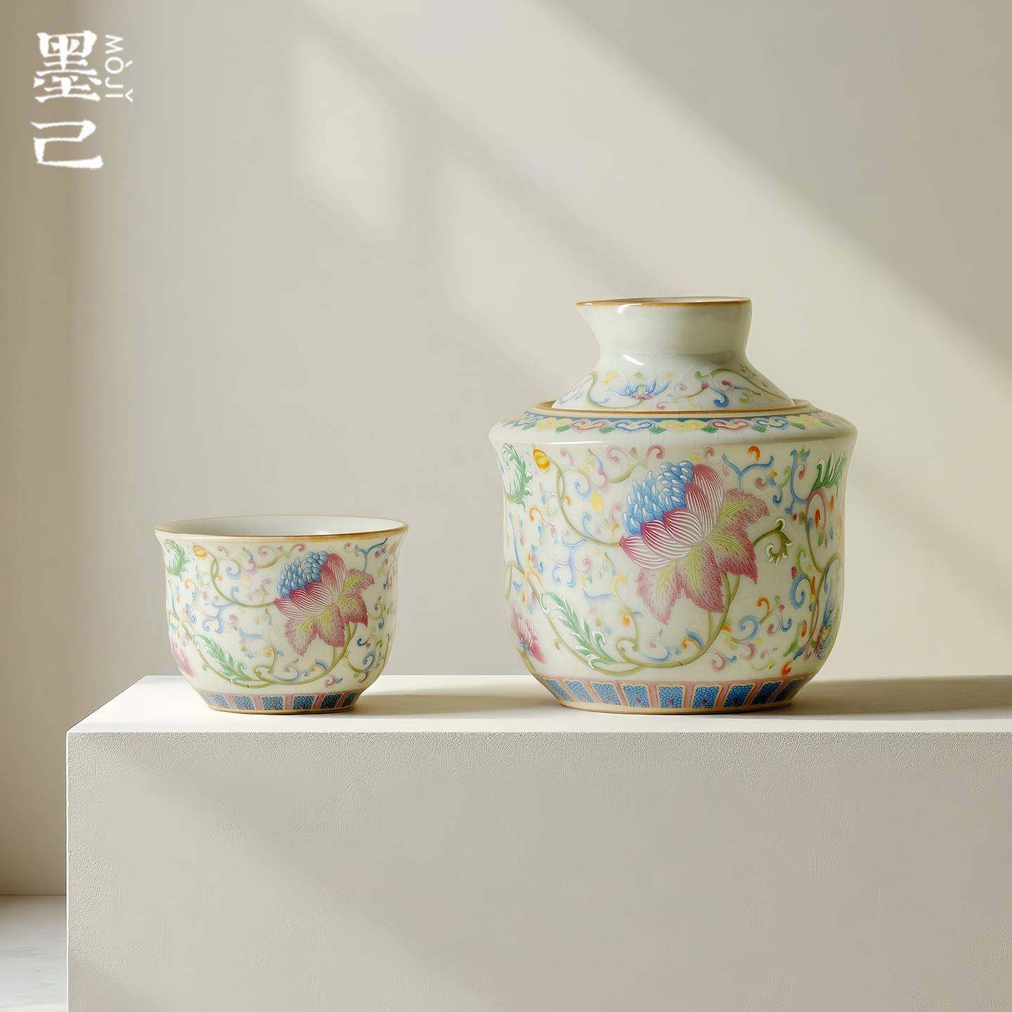 墨己汝窑温酒器粉彩缠枝莲陶瓷温酒壶家用烫酒热酒壶黄酒清酒具