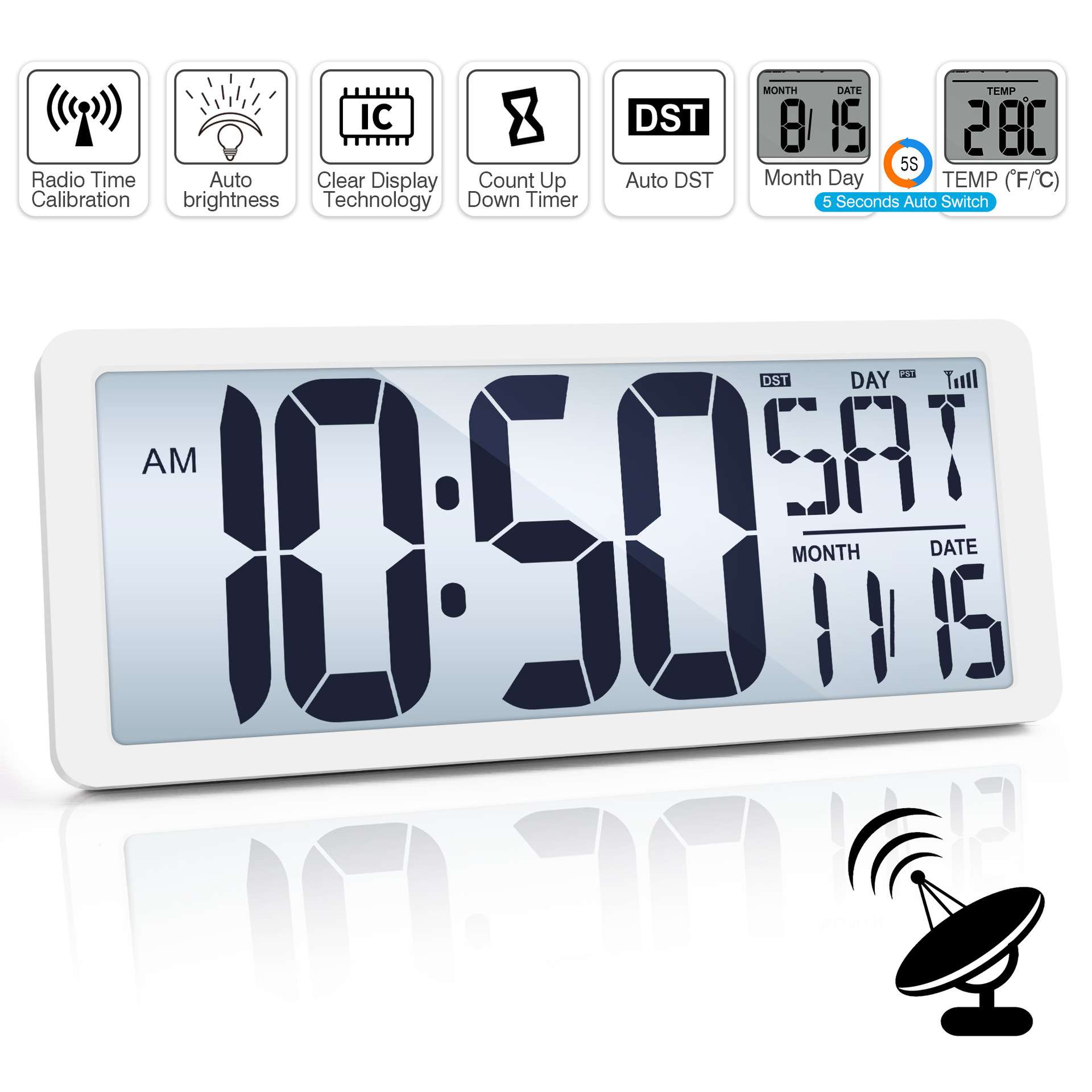 厂家直销钟表英文14.2英寸多功能电波校时贪睡闹钟正倒计时器