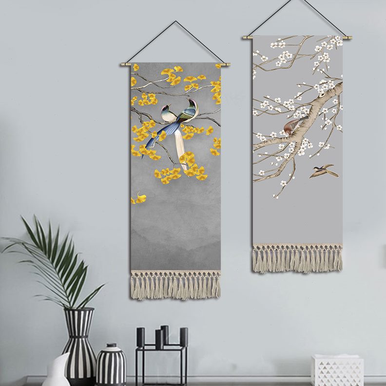 布艺鸟挂画装饰画挂毯中国风中式床头背景墙卧室客厅画花挂布壁画图片