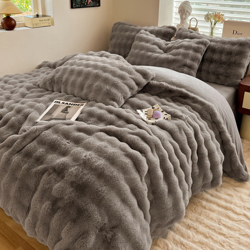 冬季加绒加厚獭兔绒n床上四件套公主风双面毛绒珊瑚牛奶绒床被套