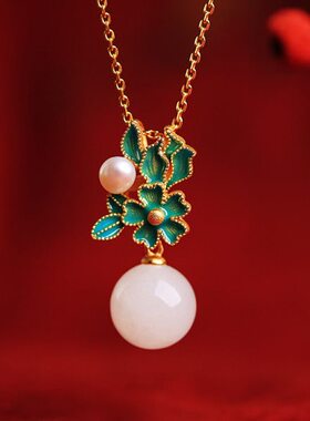 纯银款绿色转运珠新中式彩玉石吊坠女国风和田玉珐琅项链女金镶玉