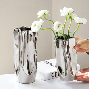 轻奢花瓶c摆件陶瓷银色不规则艺术花器家居软装 插花客厅酒店高级