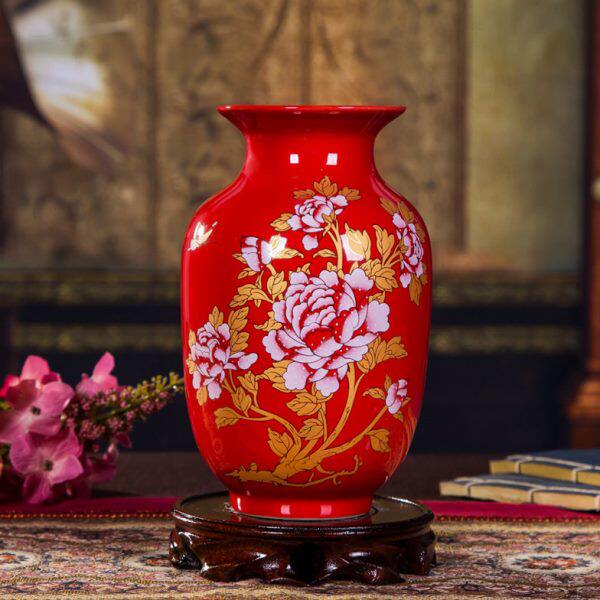 工艺品家居花瓶客厅酒柜瓷瓶插花装饰品小摆件器陶瓷景德镇中国红