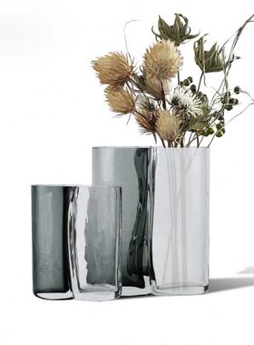 透明饰品拼接样板房现代简约花器灰色扁形软装玻璃花瓶摆件玄关